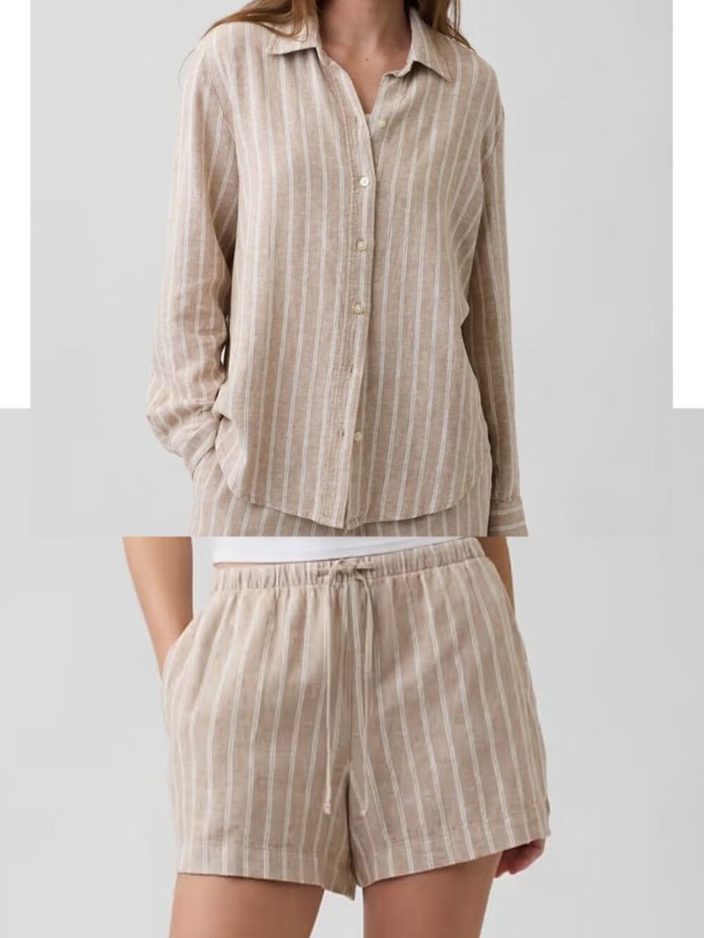 GAP Women's Linen-Blend Easy Top and Shorts in White Khaki Stripe Size Large